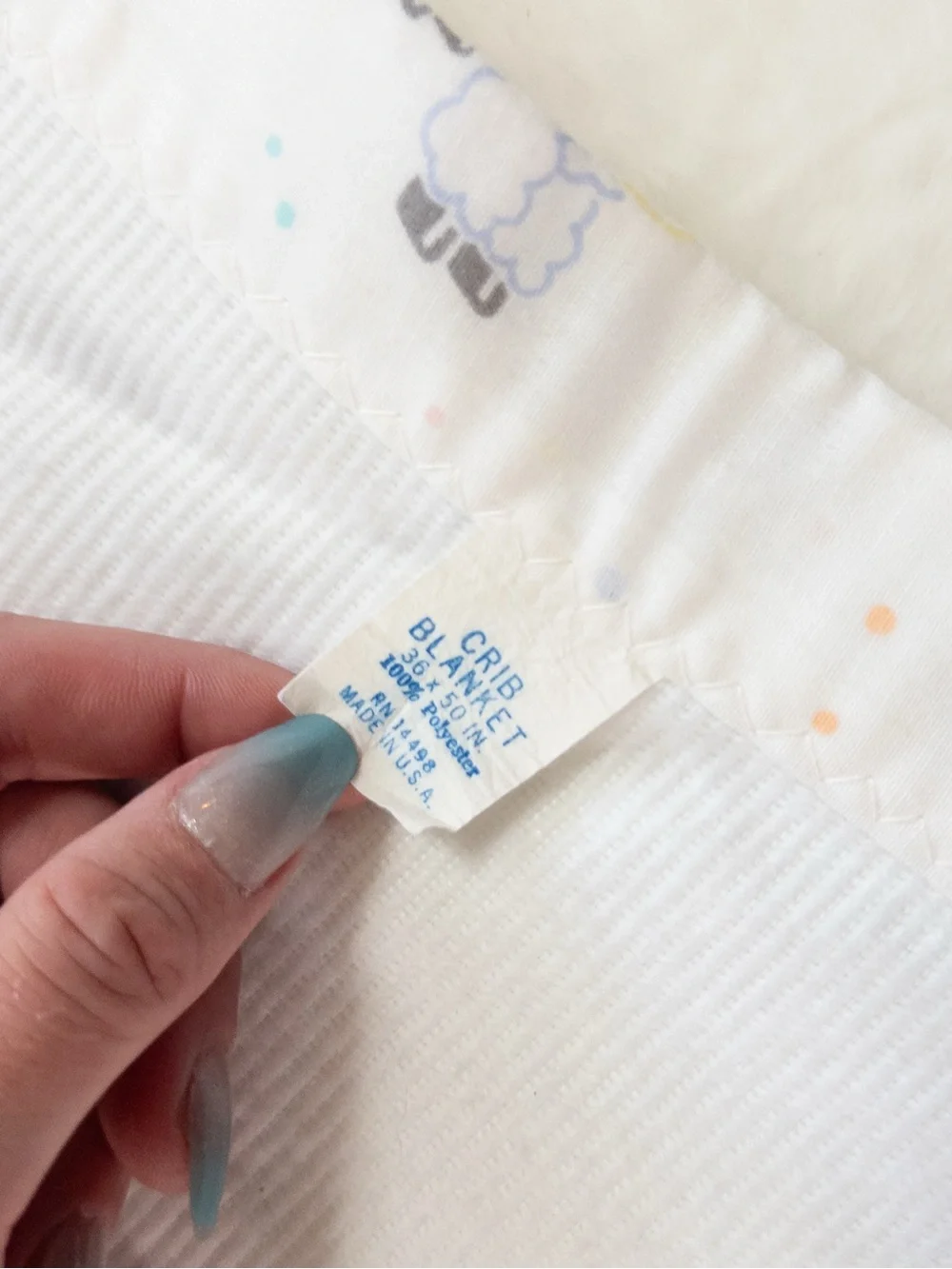 Vintage 90s Crib Blanket Lamb Print Trim White Cotton Baby Blanket 52”x34.5”